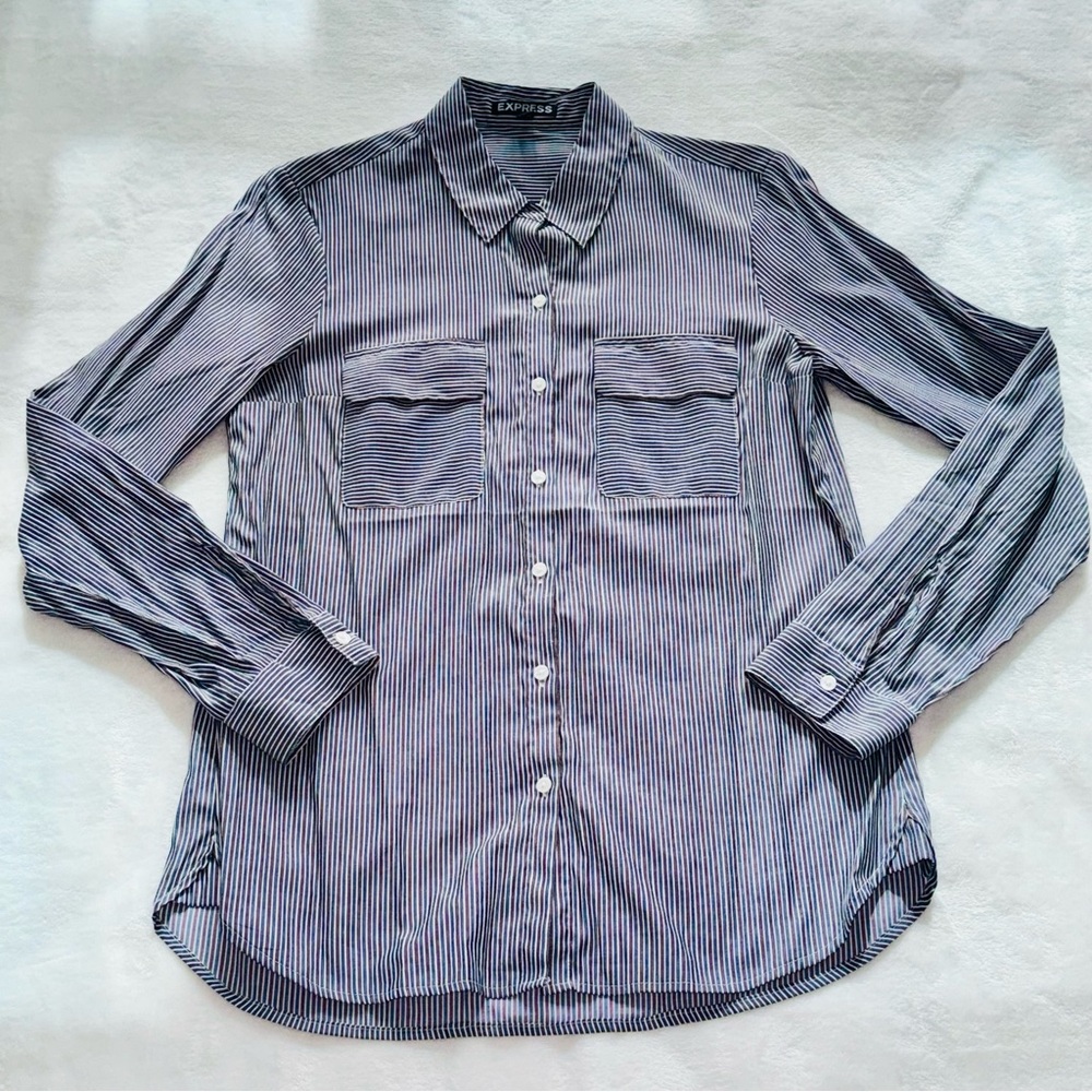 EXPRESS Womens The City Shirt Stripes Button Down w/ Roll Tab Sleeves Size Small